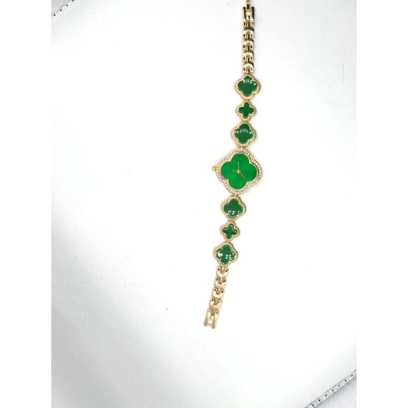 Green Clover Link Bracelet Watch Gold Tone Rhinestone Accents - Picture 5 of 5